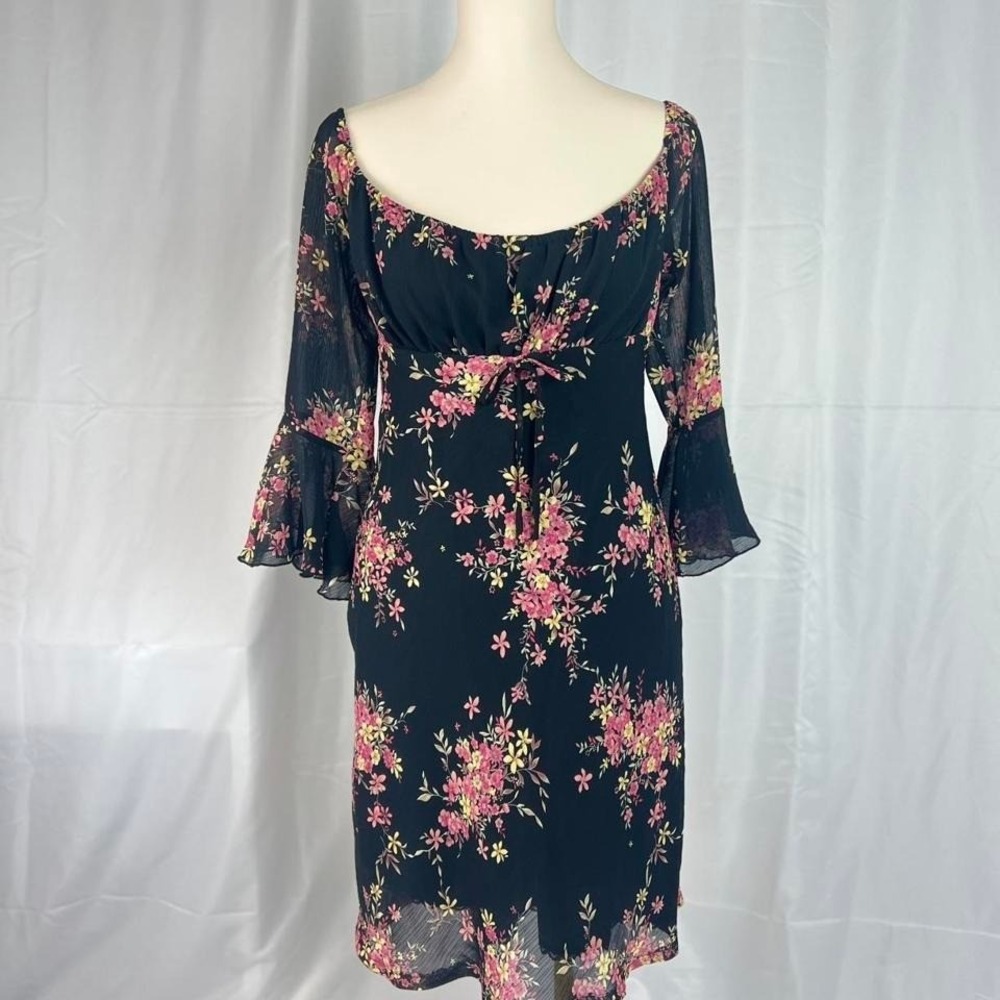 Vintage 90s black floral print dress flared sleeves size 6